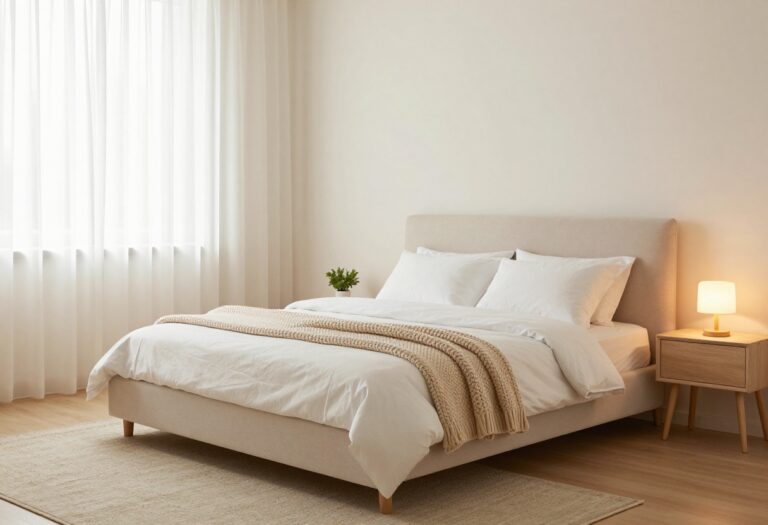 Cozy small bedroom with hotel-style bedding and warm lighting