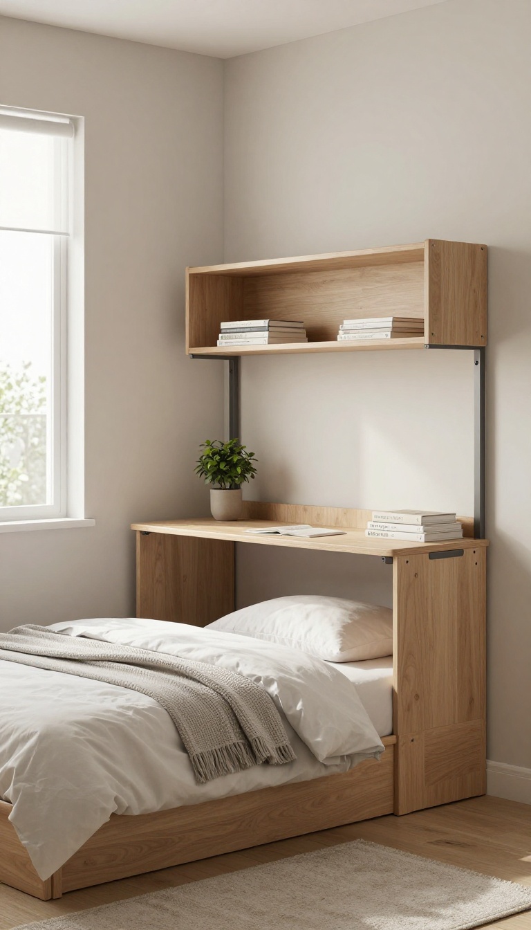 Small bedroom with a fold-down wall table and a storage bench, showcasing space-saving furniture in bright natural light.