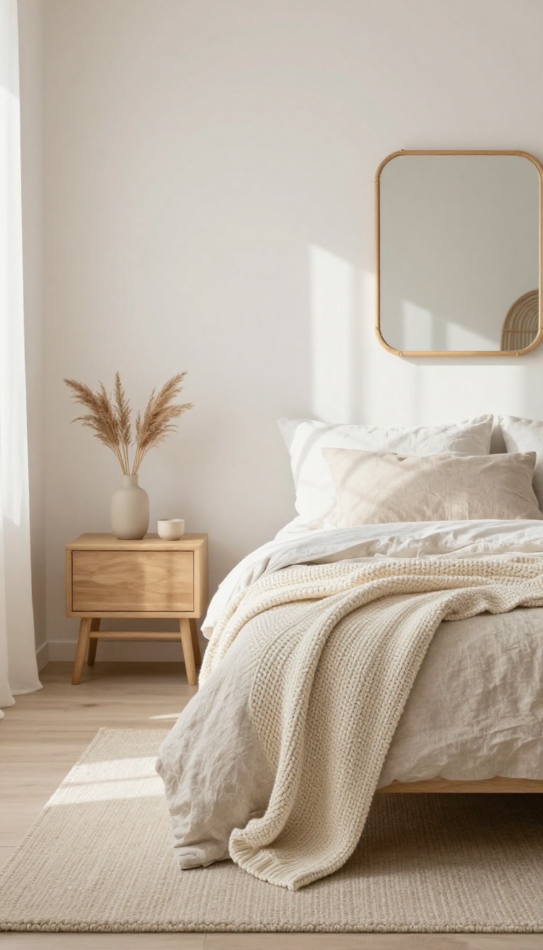 Light neutral guest room with oatmeal linens, beige rug, and natural textures, creating an airy and inviting space.