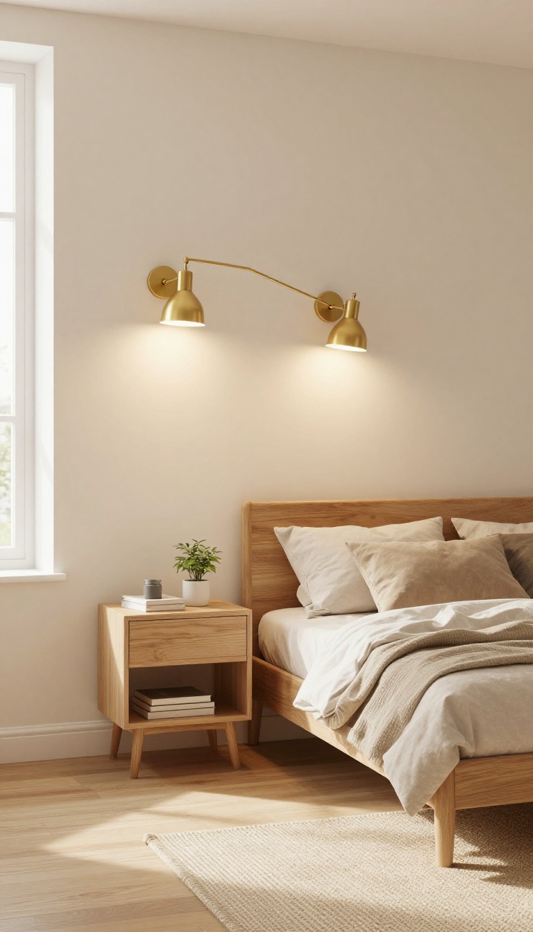 Small bedroom with wall-mounted swing-arm lamps above simple nightstands, creating a warm and collected look.