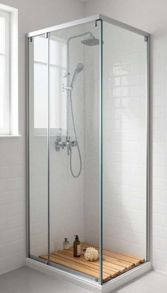 Foldable teak shower seat folded down in a small modern bathroom shower with natural light