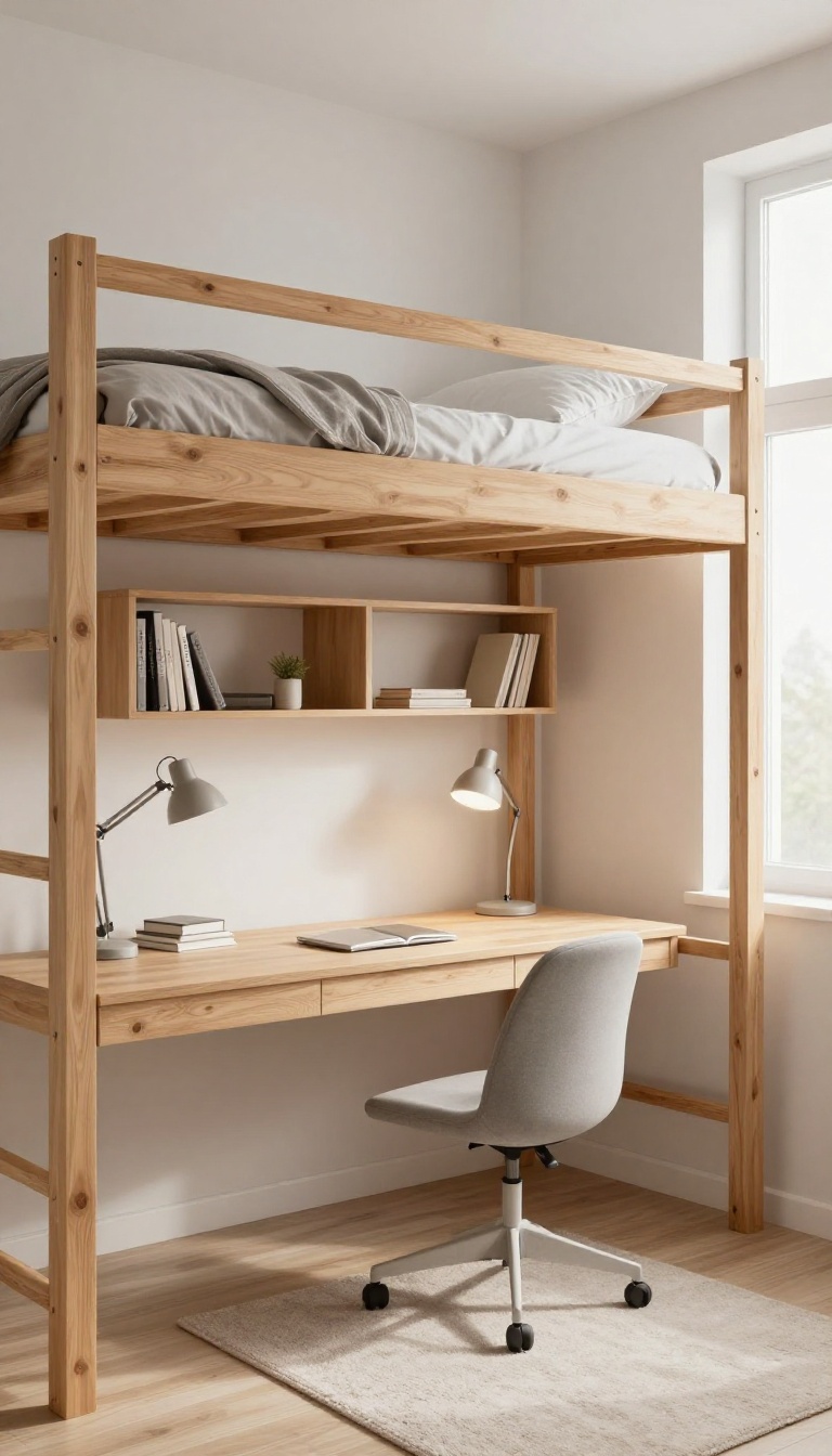 Small bedroom with a lofted bed and a cozy workspace underneath