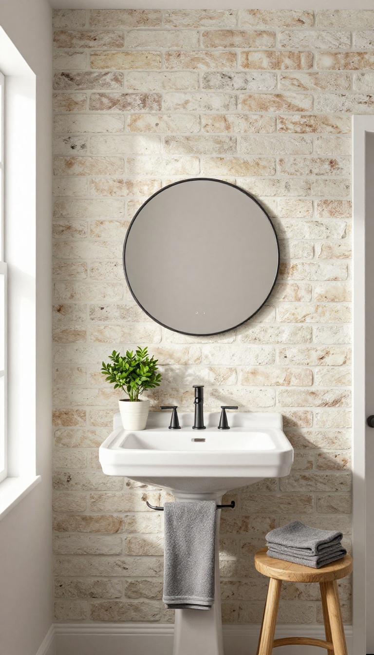 Guest bathroom with whitewashed faux brick wallpaper, white sink, round mirror, and wooden stool in bright natural light