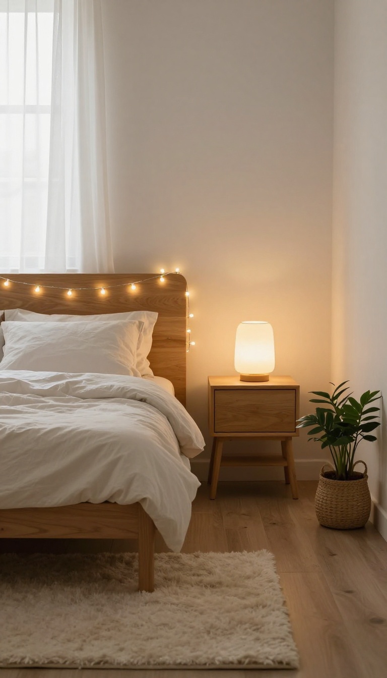 Cozy small bedroom with layered warm lighting from fairy lights and a bedside lamp, creating a soft, inviting glow.