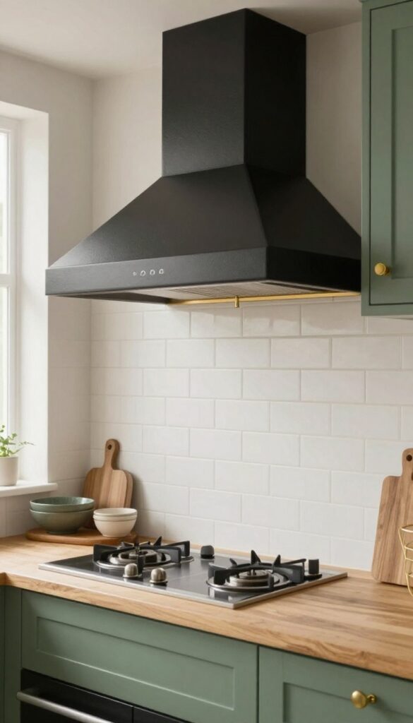Moody kitchen with matte black range hood contrasting warm white tile and green cabinets