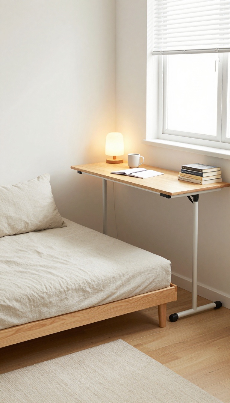 A bright guest bedroom office with a futon sofa and a folding desk, showcasing a flexible and budget-friendly layout.