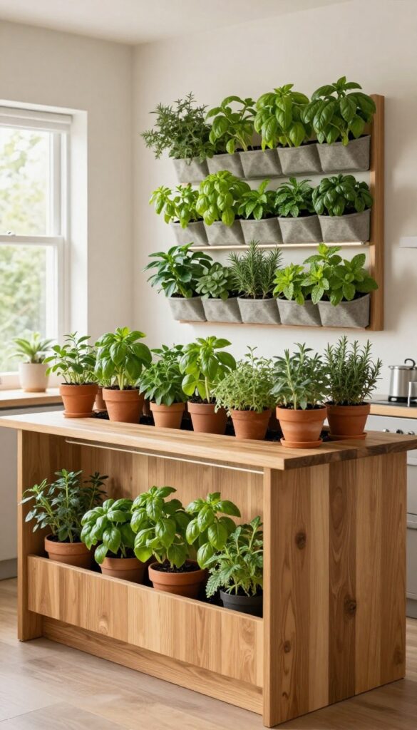 Kitchen island with an integrated vertical herb garden on the back panel, featuring terracotta pots and a living wall system with fresh herbs, illuminated by natural light and an LED grow light.