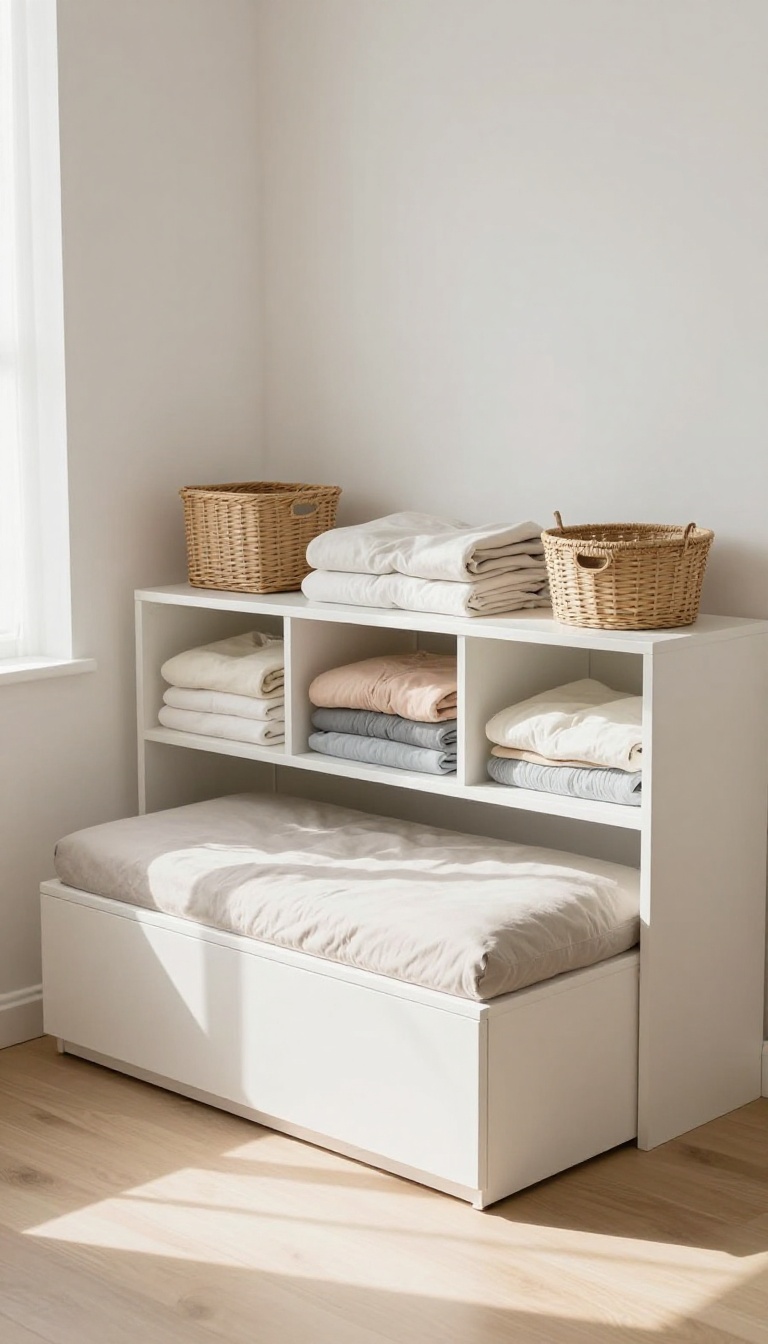 Small bedroom with multi-functional furniture including a bed with built-in drawers and a storage ottoman