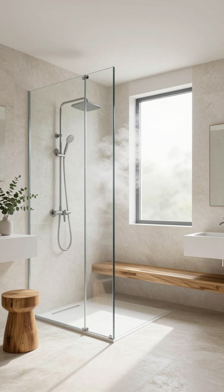 Spacious steam shower with glass door, teak bench, and natural light