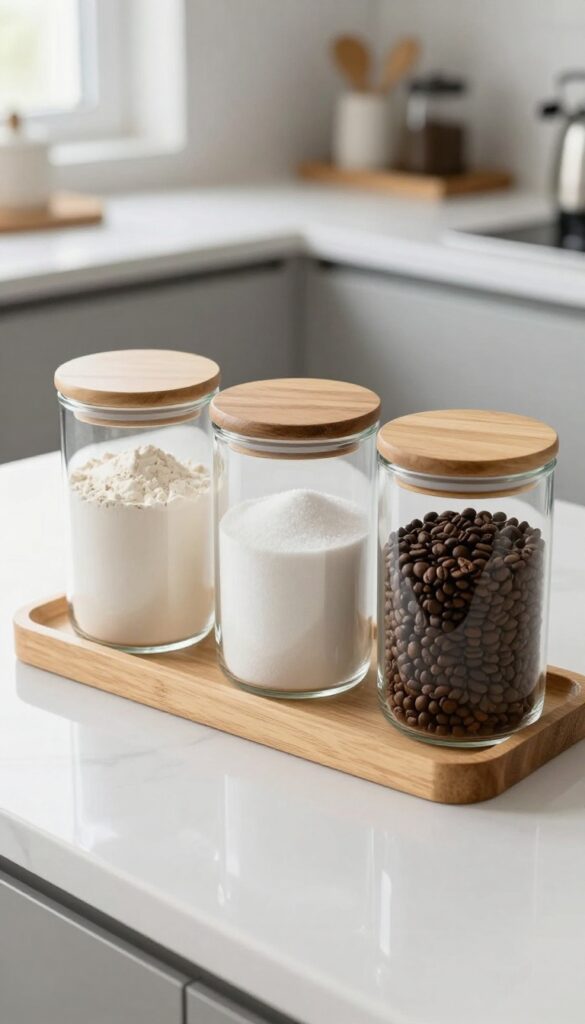 Coordinated glass canisters with wooden lids on a kitchen countertop, filled with staples, near a coffee station.