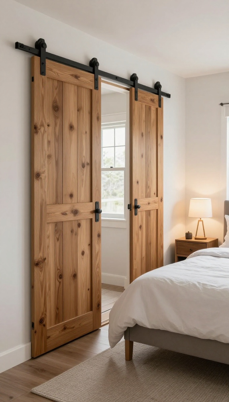 Sliding barn door hiding a home office in a guest bedroom