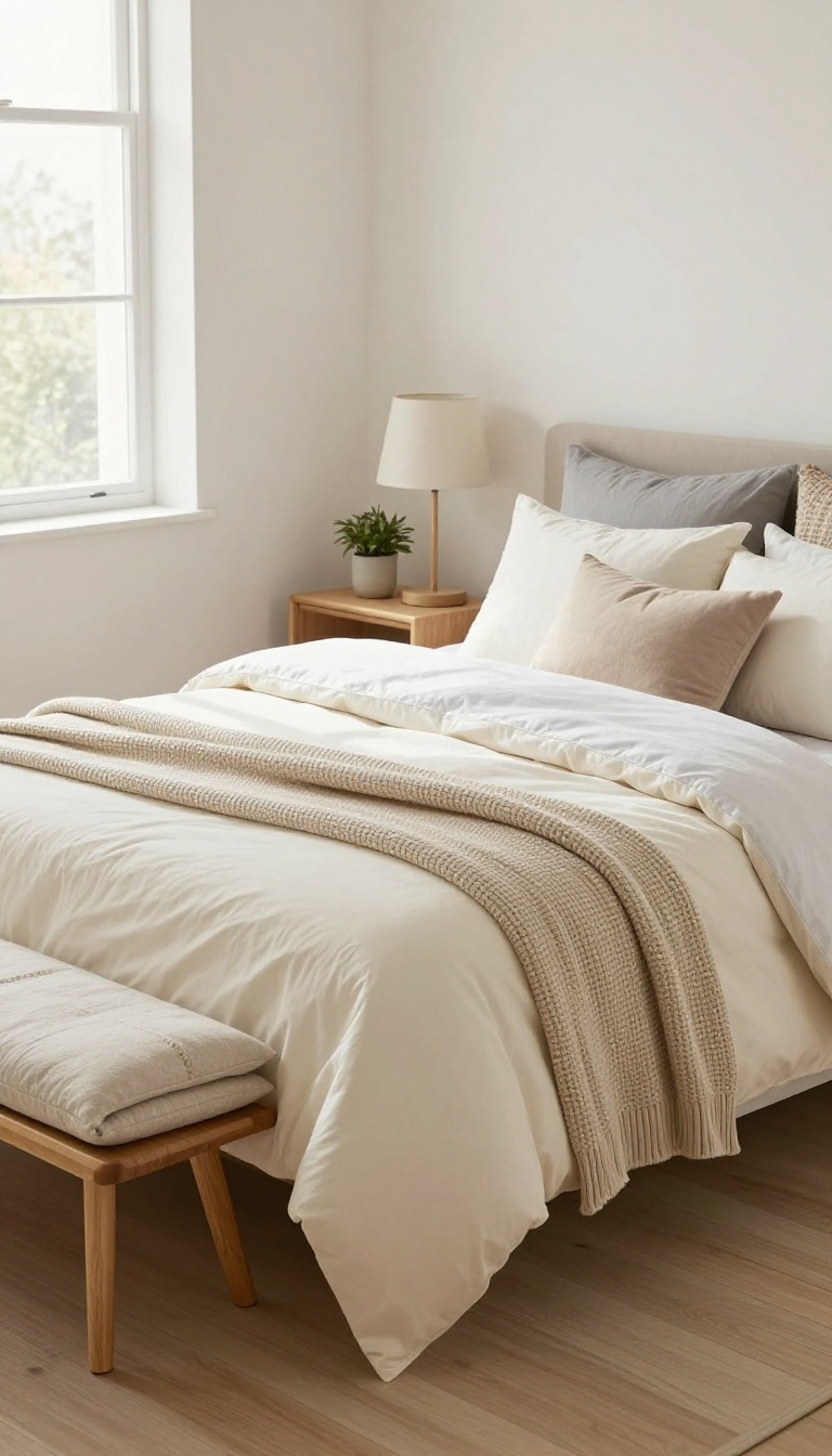 Cozy guest bedroom with layered bedding in neutral tones and a bench at the foot of the bed