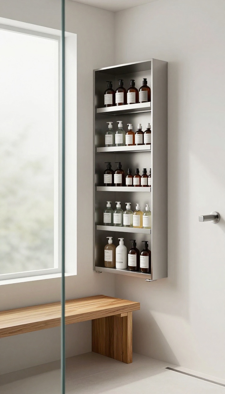 Modern walk-in shower with built-in niche, corner caddy, and teak bench with storage