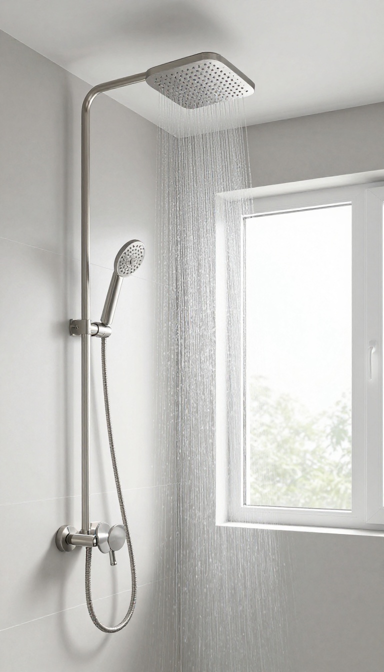 Modern bathroom with a ceiling-mounted rainfall showerhead and handheld wand in a sleek glass enclosure
