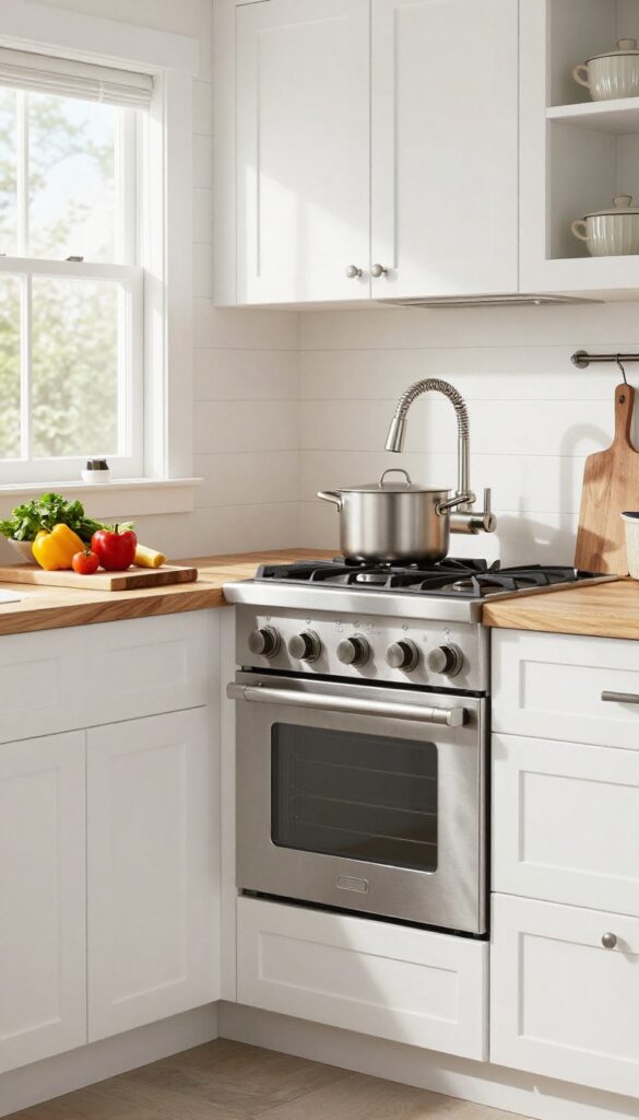 Pot filler faucet above a stove in a bright barndominium kitchen