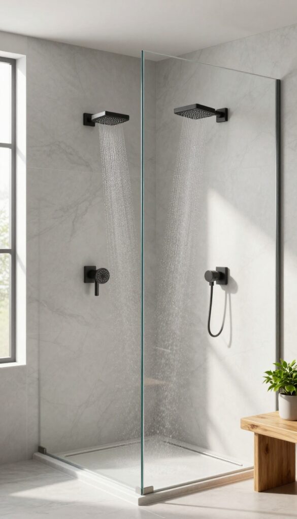 Modern bathroom with two wall-mounted shower heads on opposite walls for a symmetrical look