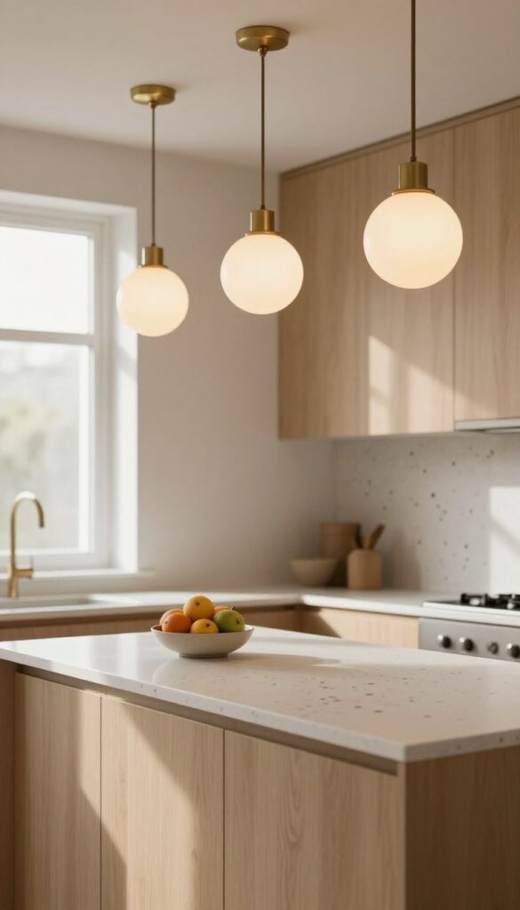 Mid-century modern globe pendant lights over a kitchen island with brass finishes and soft diffused lighting.