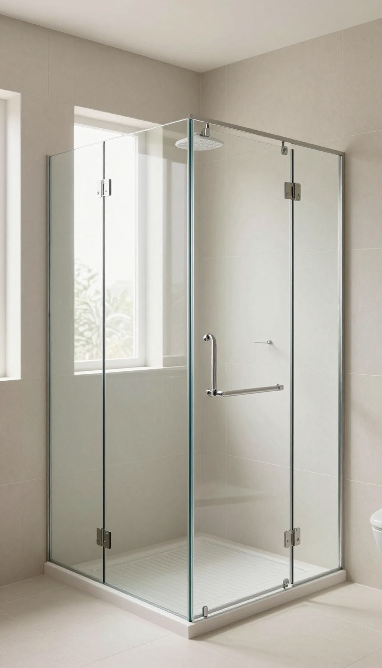 Walk-in shower with frameless glass panel and large-format tiles