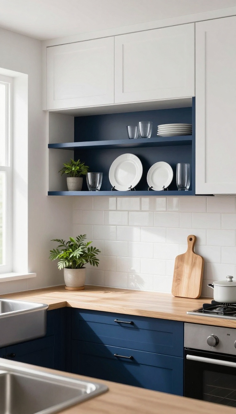 Navy open shelving in a bright kitchen displaying white dishes and glassware with a plant.