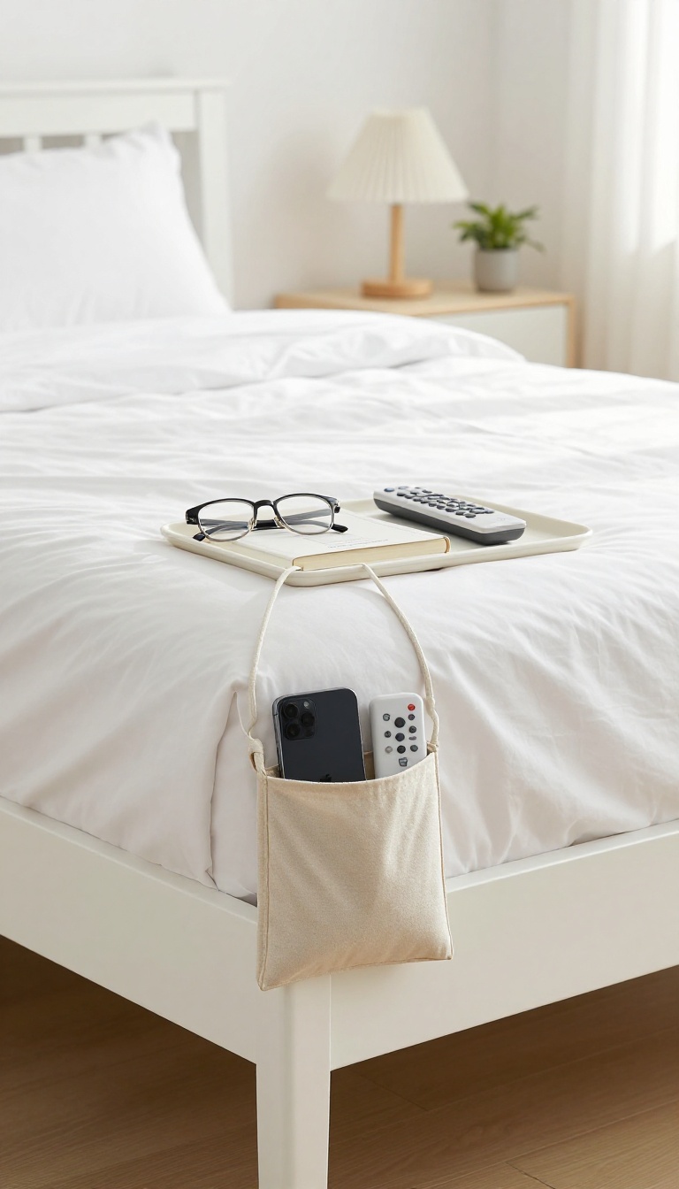 Bedside caddy organizer hanging on the side of a bed holding phone, glasses, book, and remote in a bright, organized bedroom.