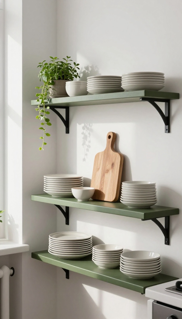 Olive green open shelves in a bright kitchen with ceramic dishes, a cutting board, and plants, styled for a cozy, intentional look.