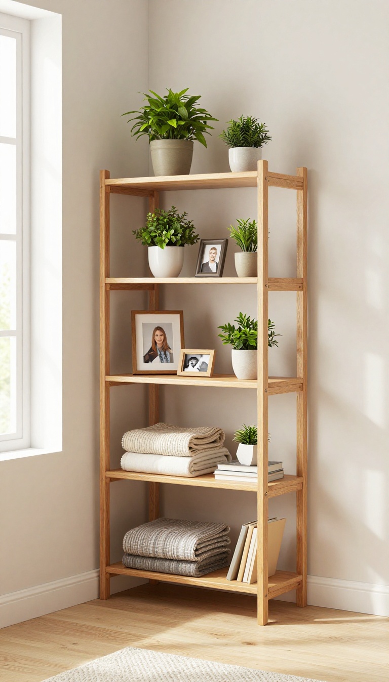 Small guest room corner with a wooden shelving unit displaying plants, photos, blankets, and books in bright natural light
