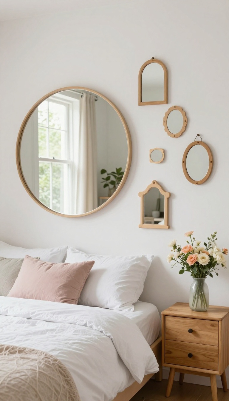 Small bedroom with a round mirror reflecting light from a window, creating a sense of depth and brightness.