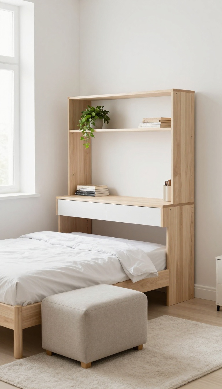 Multi-functional furniture in a small bedroom: bed with storage drawers, fold-down desk, and storage ottoman