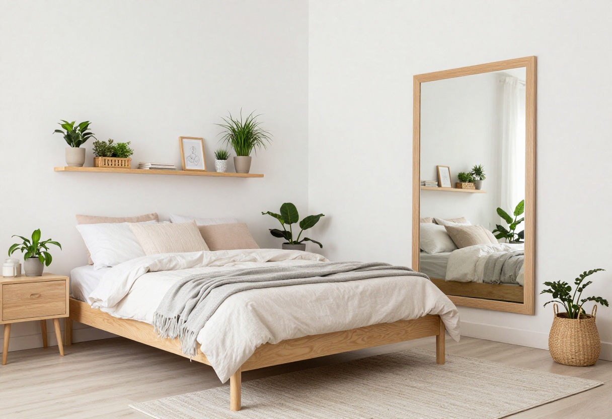 Small bedroom with light decor, floating shelves, and a mirror
