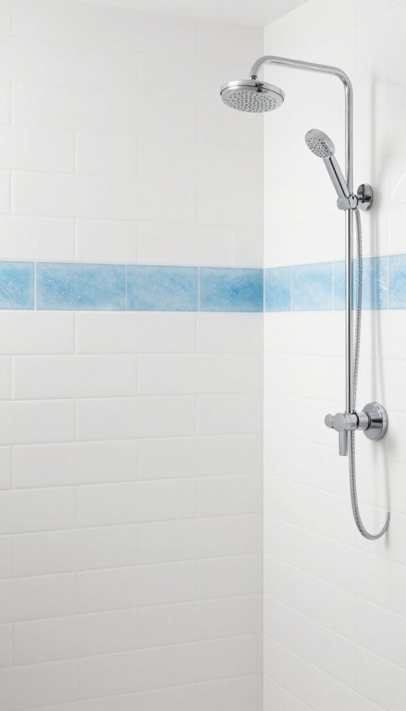 White subway tile shower with a horizontal glass accent stripe
