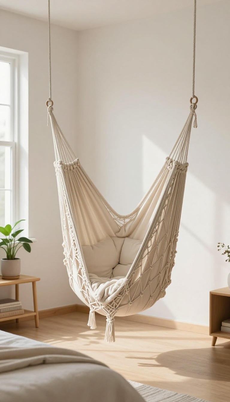 A macrame hammock chair hanging in a bright bedroom corner, creating a cozy reading nook.
