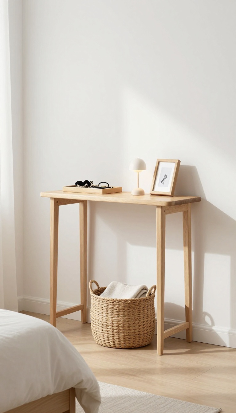 Slim console table in a small bedroom providing extra storage without taking up floor space.