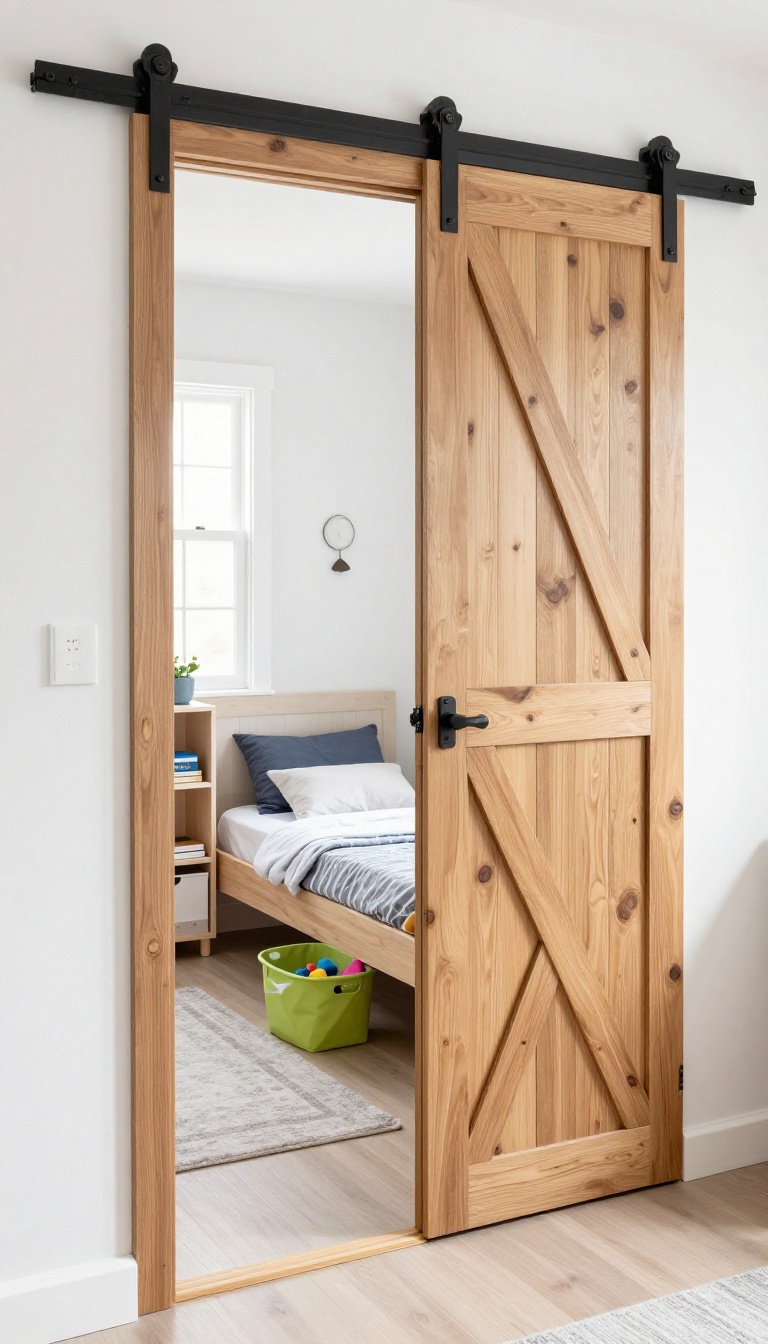 Small boy's bedroom with sliding barn door saving floor space