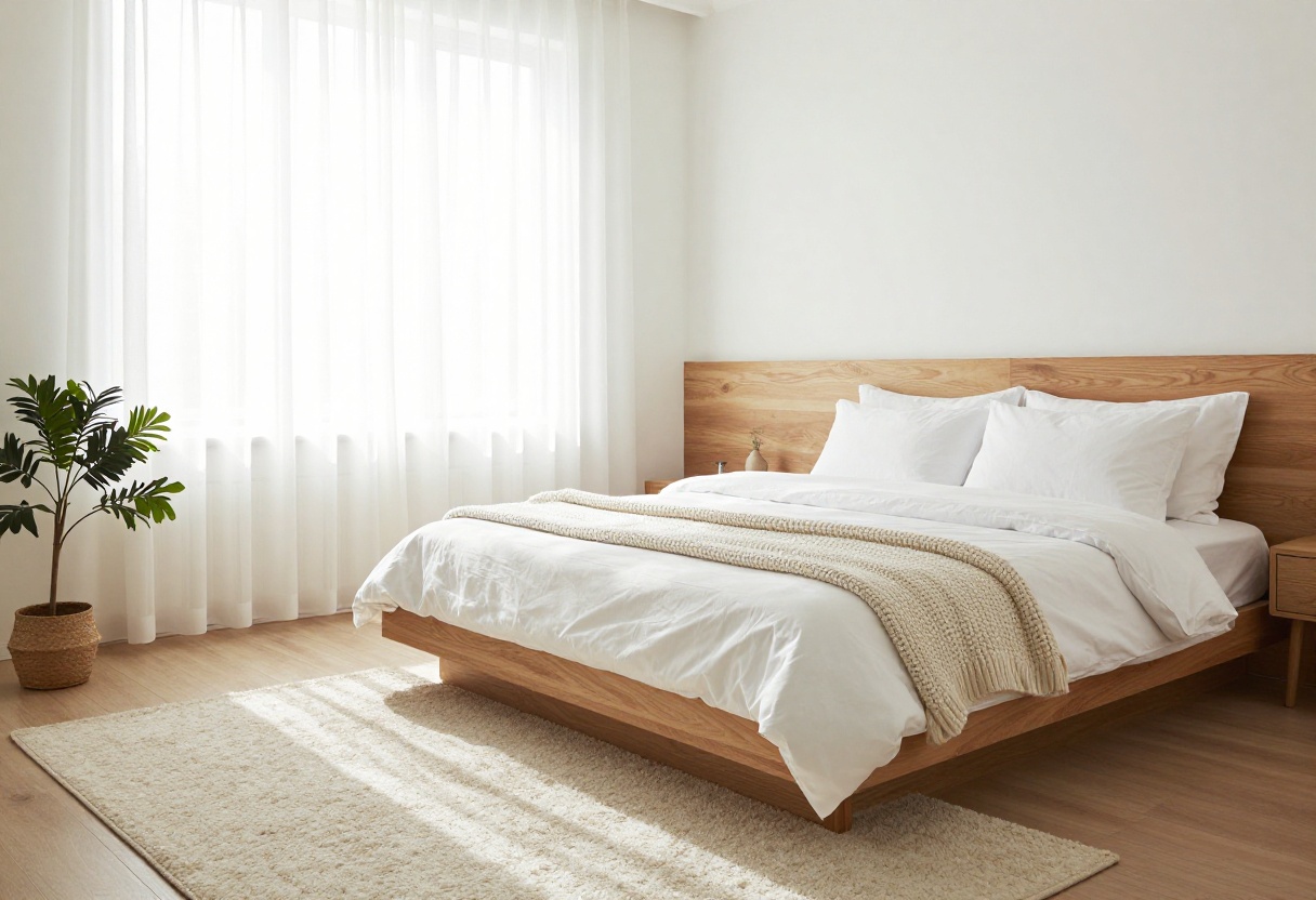 Cozy modern guest bedroom with white bedding, wood accents, and soft lighting