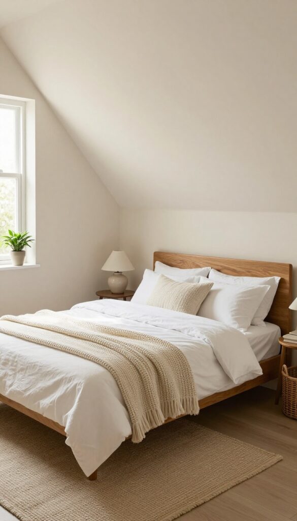A small bedroom with a sloped ceiling and a bed angled into the corner, creating a cozy nook with natural light and minimal decor.