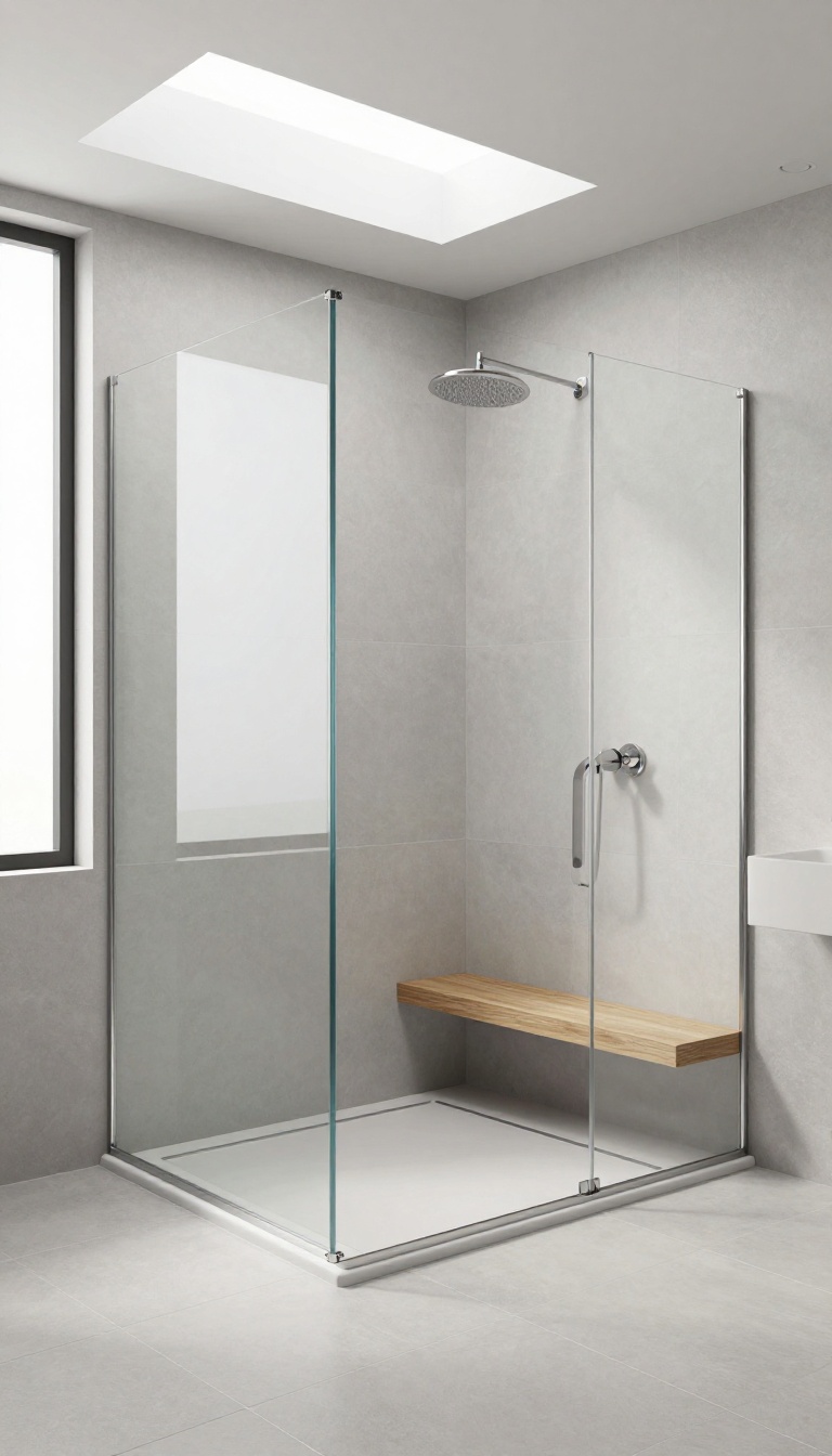 Curbless walk-in shower with seamless tile floor and glass panel in a modern bathroom