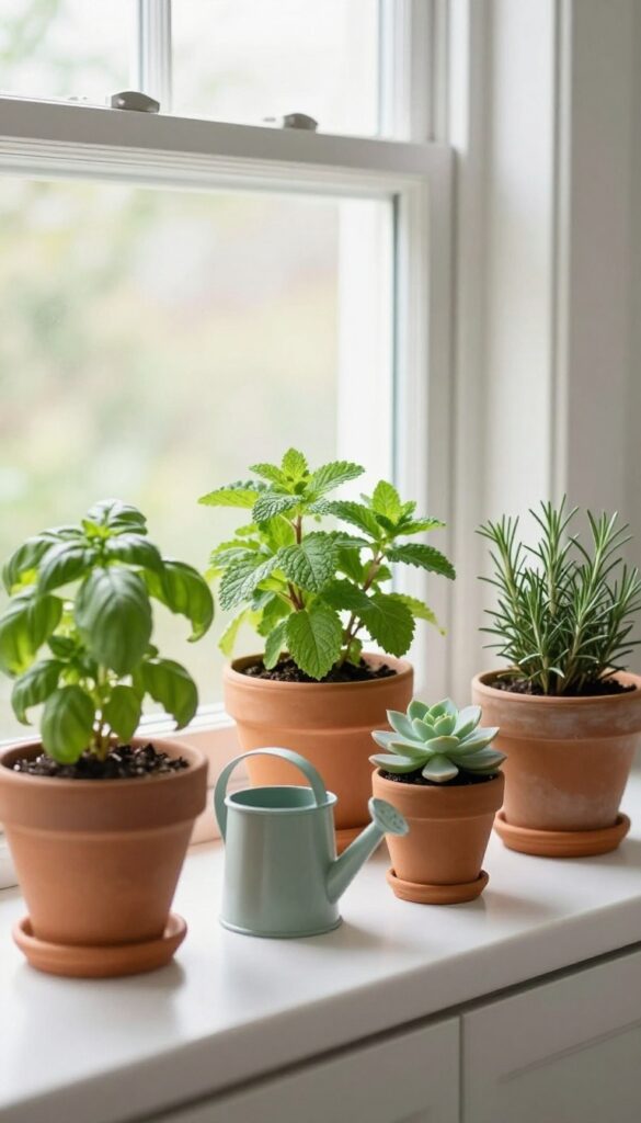A cozy kitchen windowsill with a charming herb garden in small pots, a watering can, and soft natural light