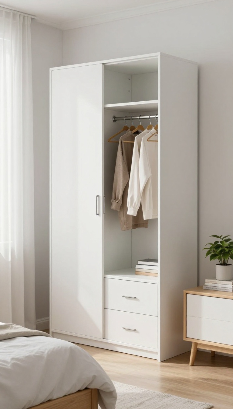 Compact white wardrobe with mirrored door in a small bright guest bedroom