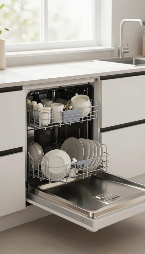 Compact dishwasher drawer under a modern kitchen countertop