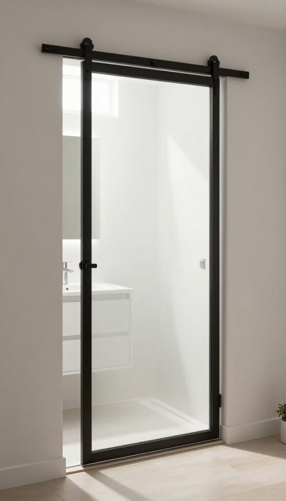 Small bathroom with a matte black sliding barn door and frosted glass, bright natural light, compact vanity and shower.