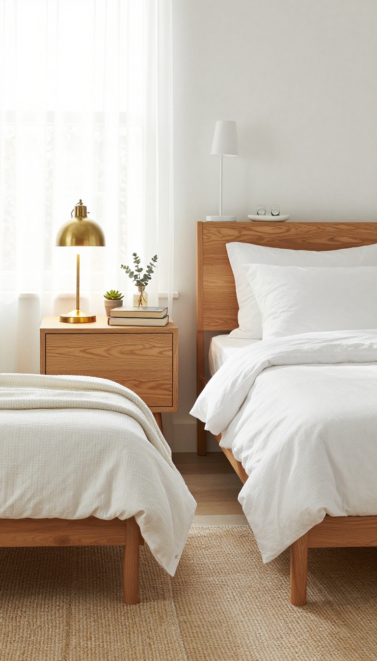 Matching nightstands with personalized accessories in a small couple's bedroom, creating a balanced and stylish shared setup.