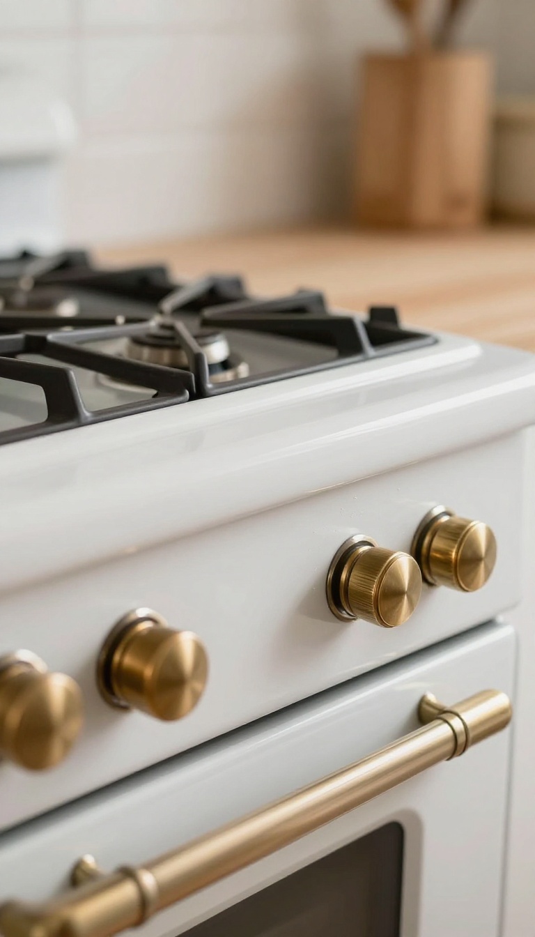 Close-up of a kitchen stove with custom brass knobs and handles
