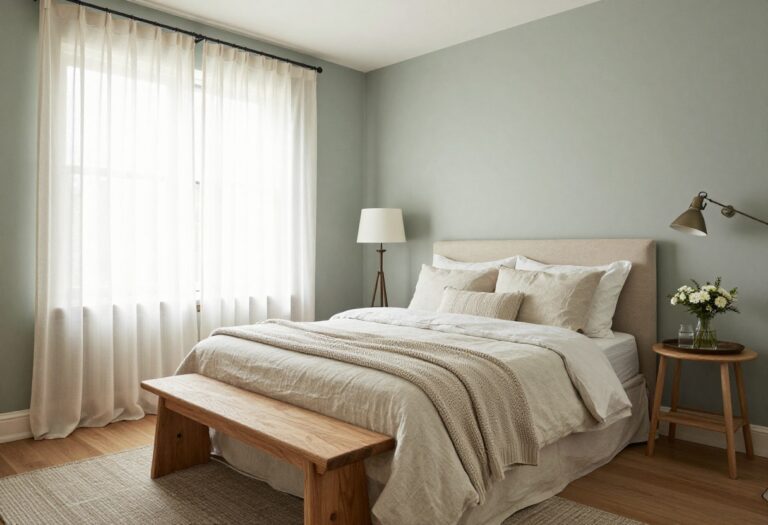 Cozy guest bedroom with layered bedding, vintage lamp, and tray with essentials