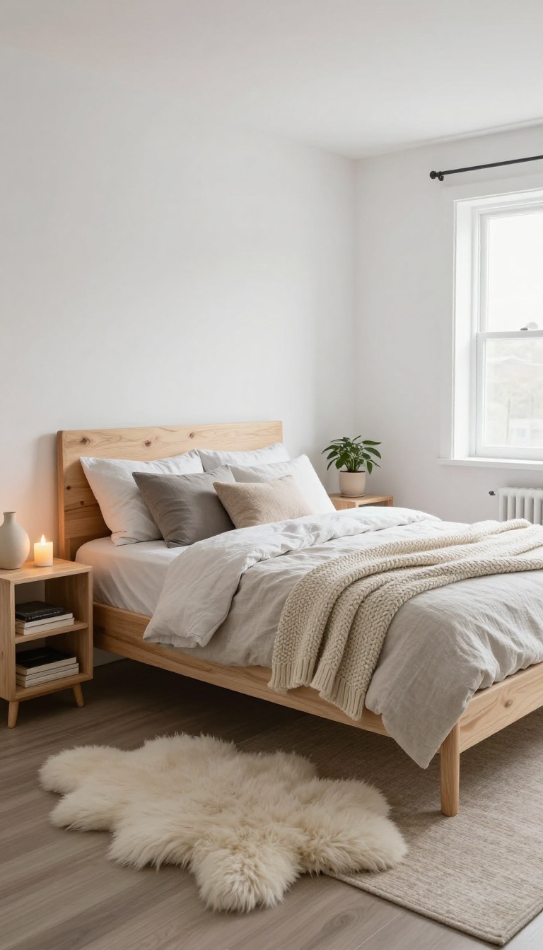 Scandinavian hygge basement guest bedroom with light wood furniture, white walls, and cozy textiles