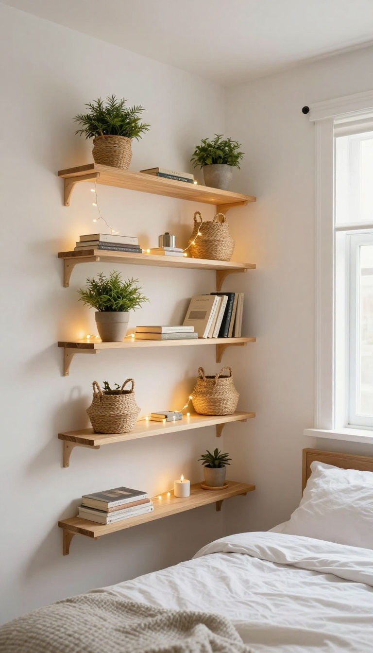 Cozy bedroom with open shelving decorated with fairy lights and storage baskets