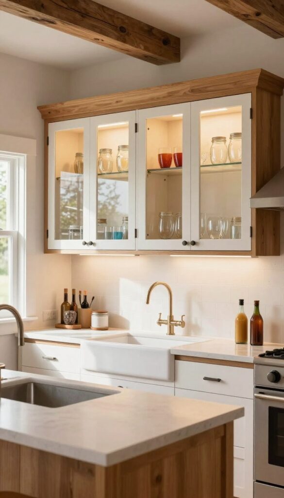 Barndominium kitchen with glass-front cabinets showcasing glassware