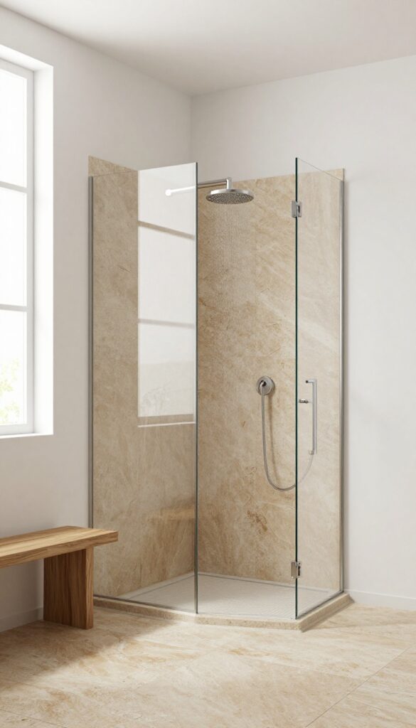 Double shower with non-slip stone flooring in a bright, natural light bathroom