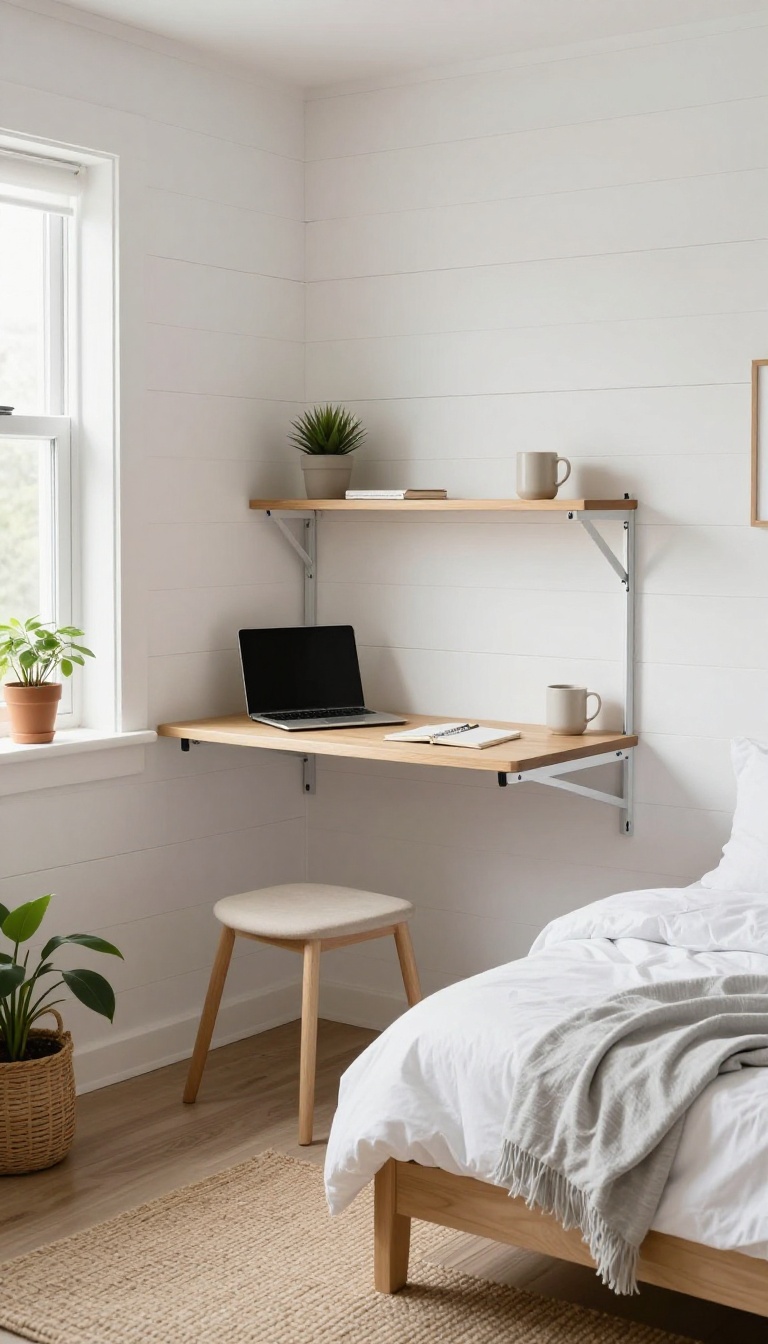 A small guest room featuring a wall-mounted fold-down desk open as a workspace, with a bed nearby and natural light.