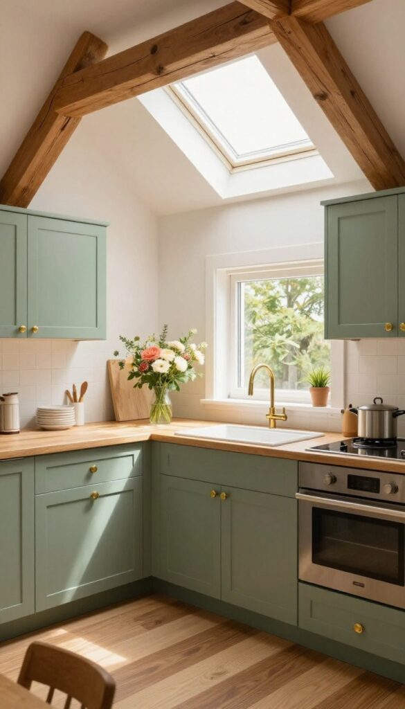Cozy attic kitchen with sage green painted cabinets, brass hardware, and natural light from a skylight