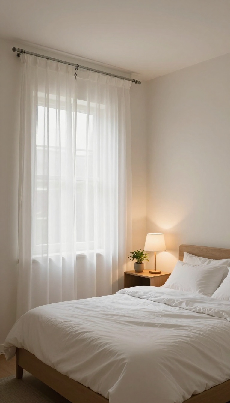 Small bedroom with a sheer curtain around the bed for privacy